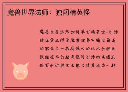 魔兽世界法师：独闯精英怪